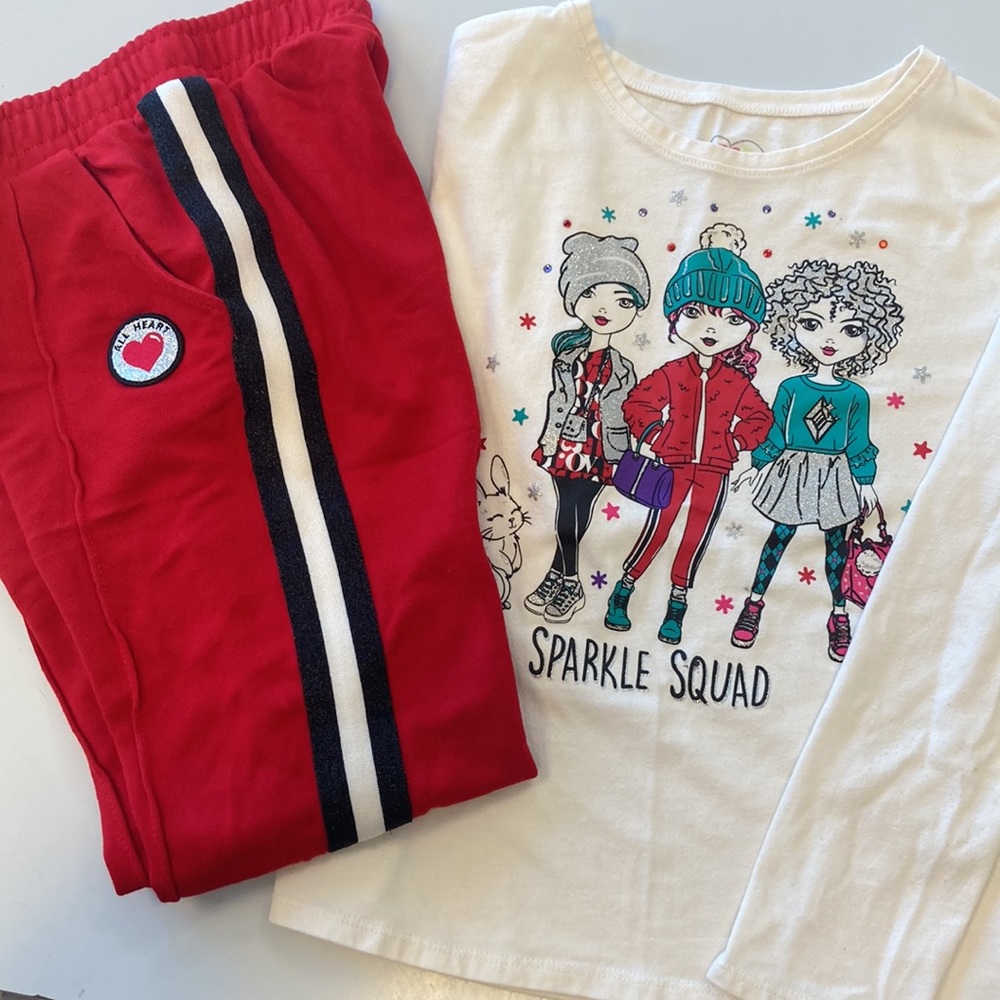 Sparkling Squad long sleeves shirt with athletic pants. Girls Size 8.